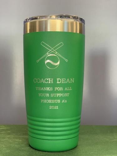Green 20oz cup with coach inspired engraving