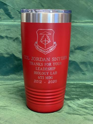 Red 20oz cup with military inspired engraving (can be customized)