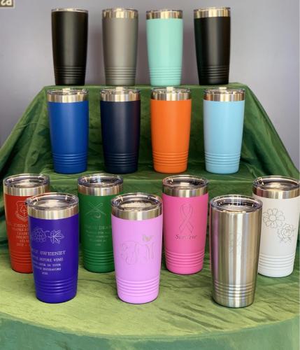 Large color selection of 20oz stainless steel cups (engraving customized per request)