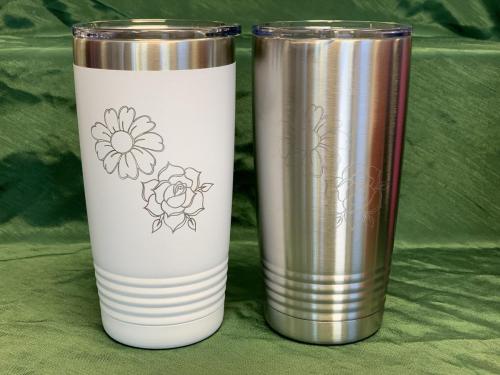 White and stainless steel 20oz cups (both engraving with same detail to demonstrate difference in color and no color)