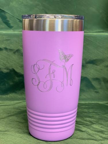 Lilac 20oz cup with Interlocking Monogram and butterfly accent engraving (can be customized)